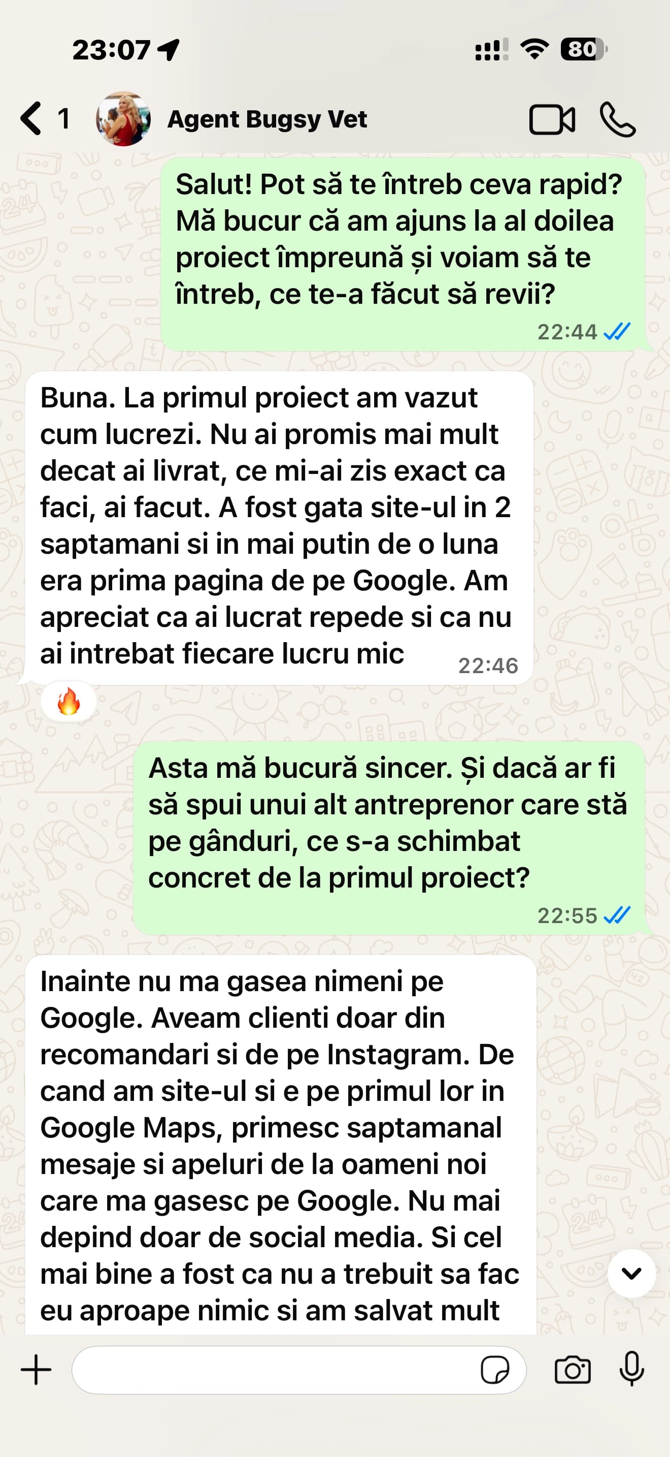 Mesaj testimonial de la clienta Agent Bugsy Spa despre rezultat și colaborare